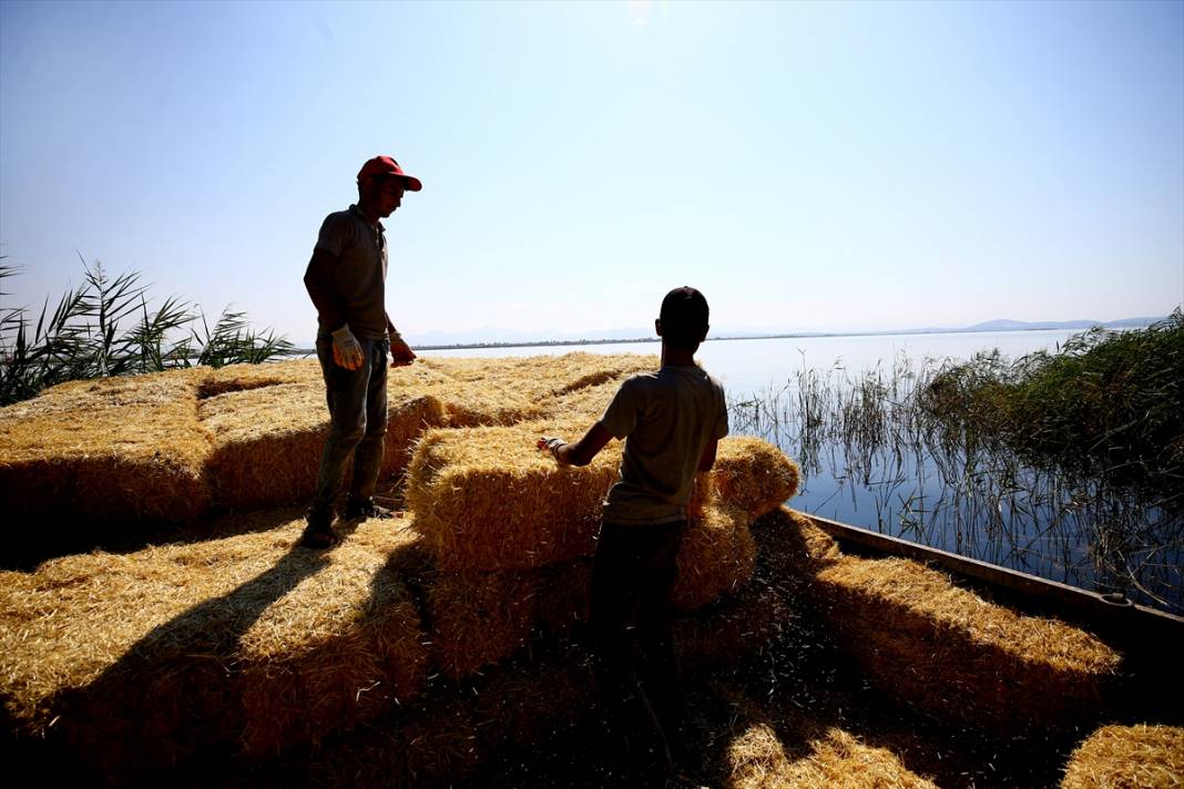 Konya'da kiraladıkları adada hazırladıkları saman balyalarını 'yüzdürerek' karaya ulaştırıyorlar 11