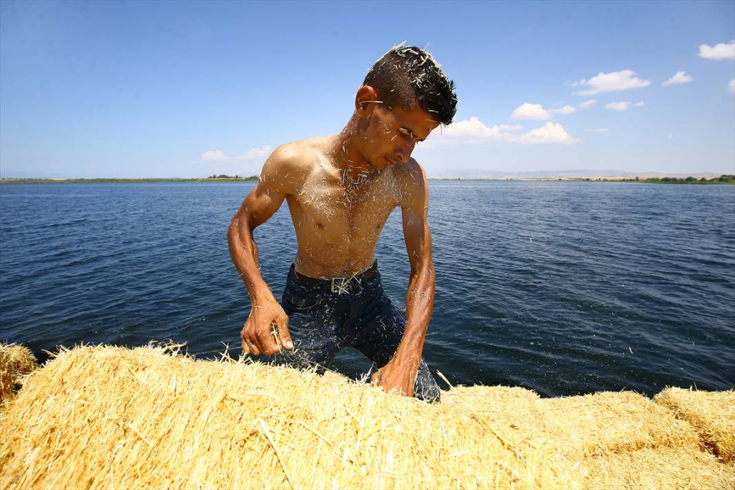 Konya'da kiraladıkları adada hazırladıkları saman balyalarını 'yüzdürerek' karaya ulaştırıyorlar 36