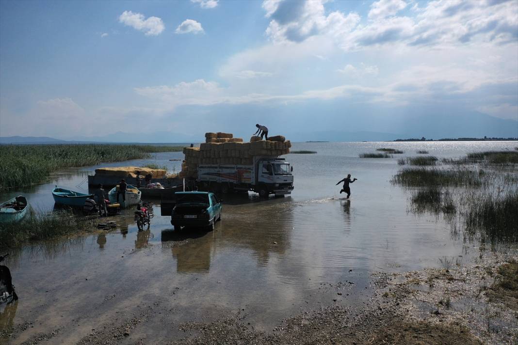 Konya'da kiraladıkları adada hazırladıkları saman balyalarını 'yüzdürerek' karaya ulaştırıyorlar 5
