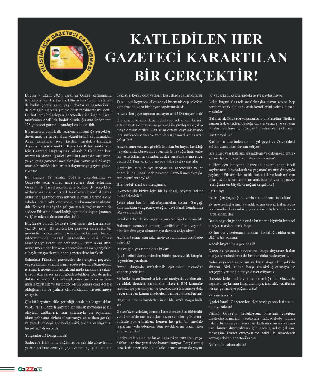 Gazze'de hayatına kaybeden gazetecilerin anısına: GaZZete 20