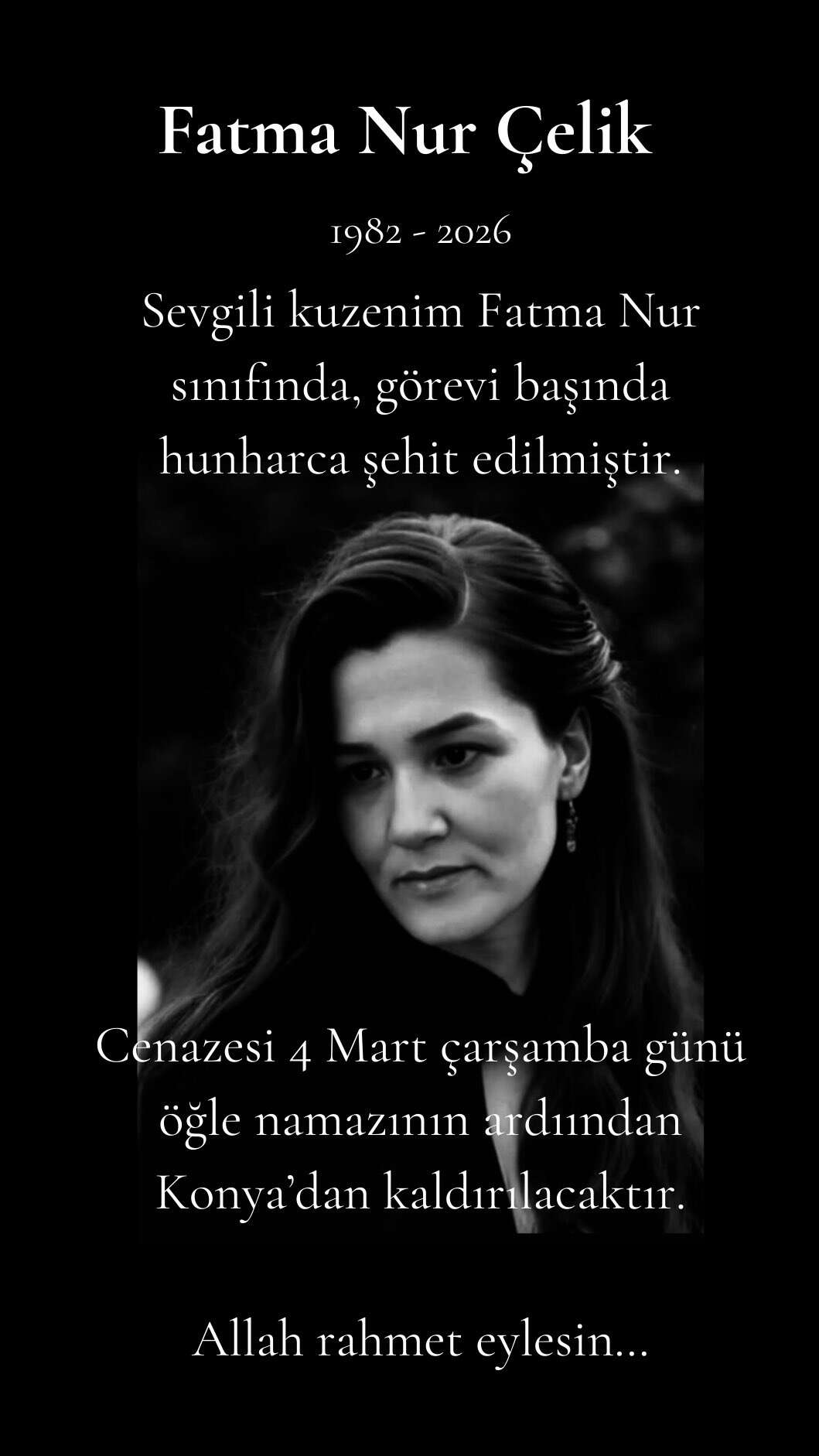 Öğrencisinin öldürdüğü Fatma Nur Çelik Konya’da toprağa verilecek 12