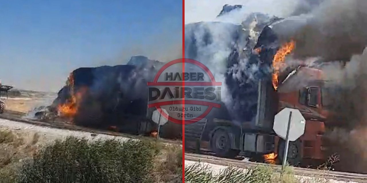 Konya’da saman yüklü kamyon yandı, sürücüsü canını zor kurtardı