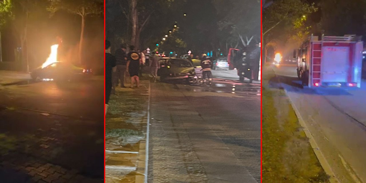 Konya’da ağaca çarpan otomobil alev aldı: 3 yaralı