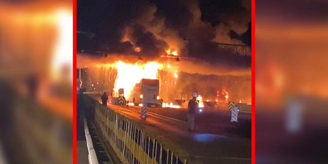 Beton bariyere çarpan yolcu otobüsü alev alev yandı