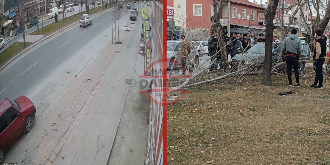 Konya’da yoldan çıkan otomobil ağaca çarptı! Kaza anı kamerada
