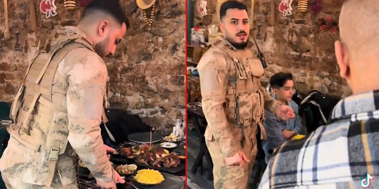 Asker üniformalı garson, yabancı müşterilere servis yaptı! Görüntüler tepki çekti