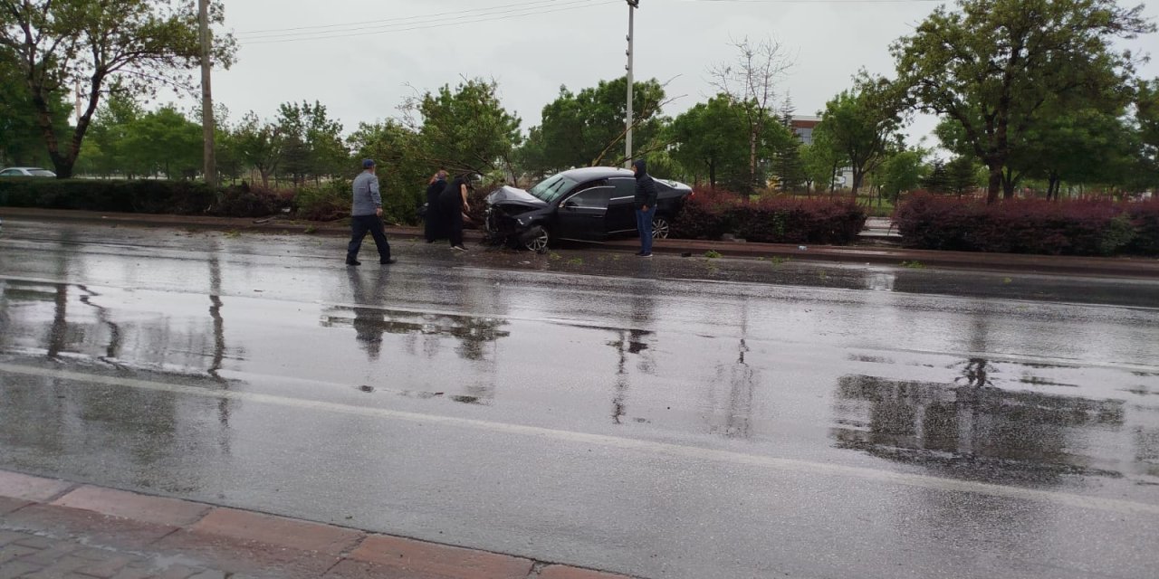 Konya’da otomobiller çarpıştı! Ağaç yola devrildi