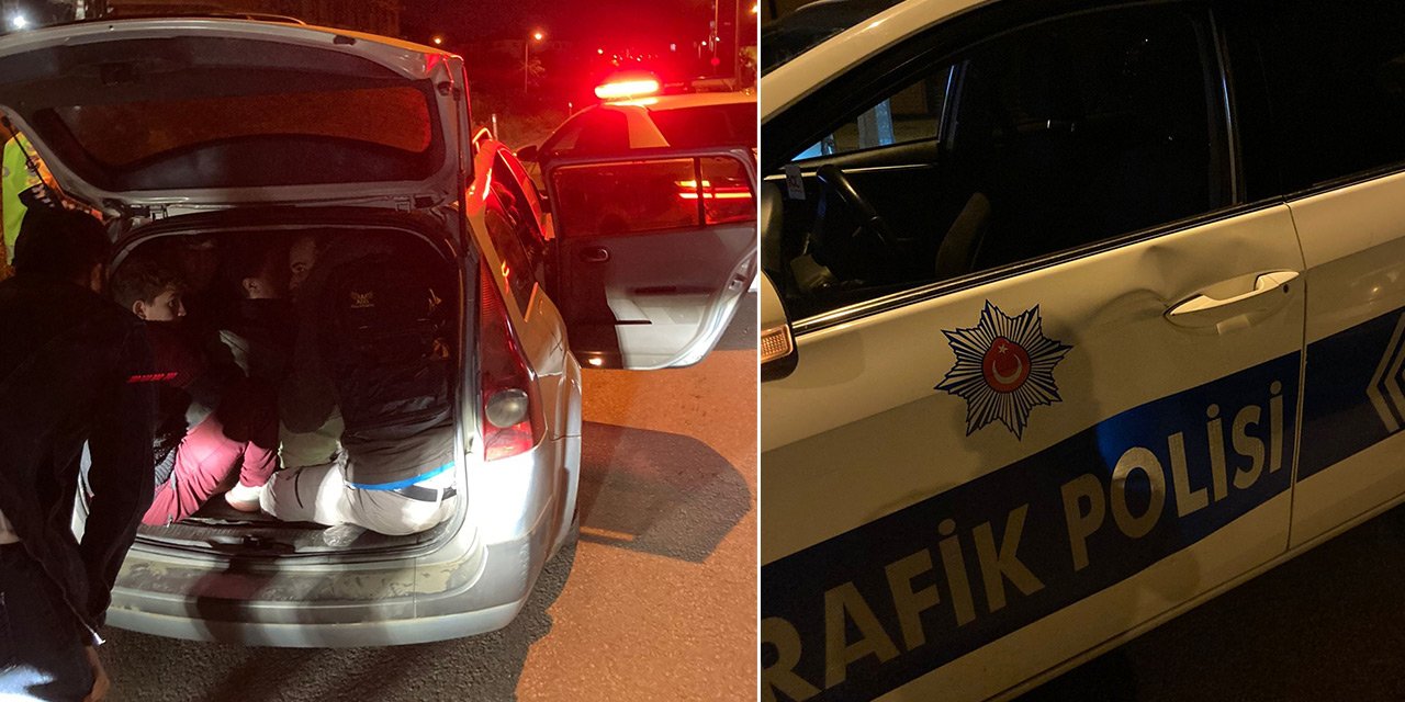 Polis aracına çapan otomobilde 14 kaçak göçmen yakalandı