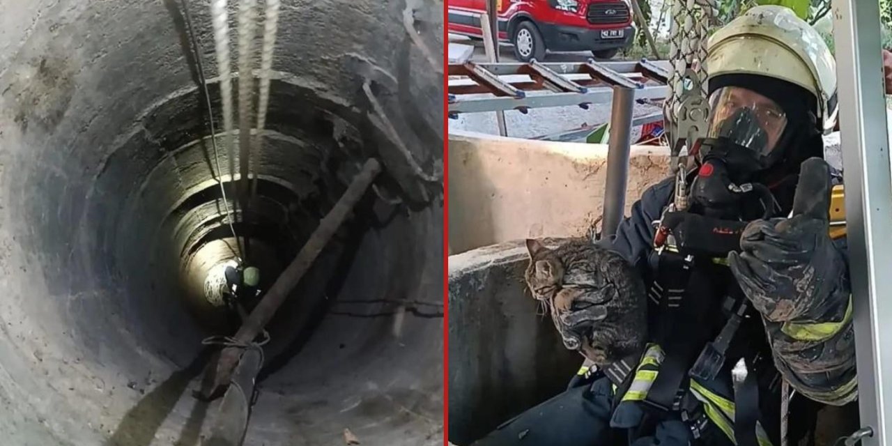 Konya’da itfaiye ekipleri kuyuya düşen kedi için seferber oldu