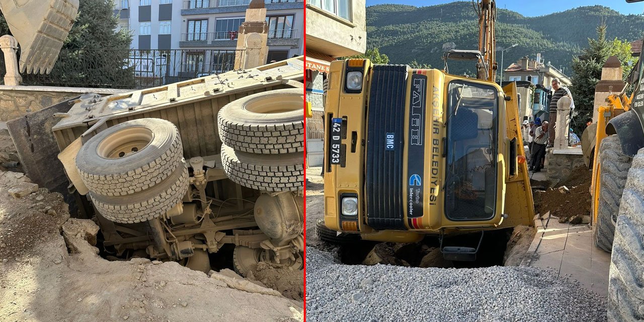 Konya’da yol çöktü, kamyon içine düştü