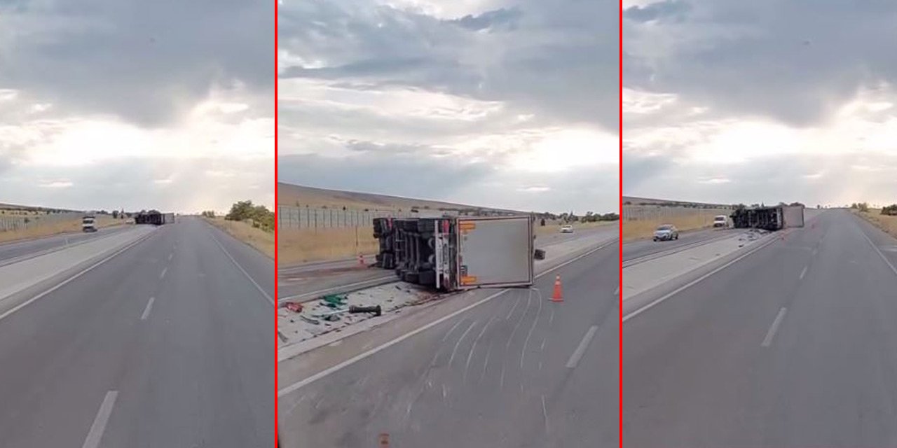 Konya’da devrilen TIR’ın sürücüsü yaralandı