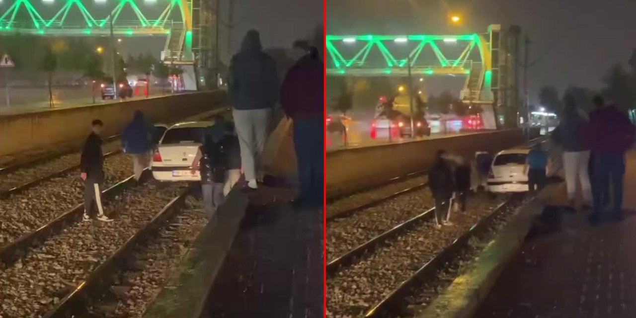 Konya’da otomobil tramvay yoluna uçtu