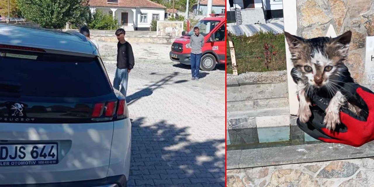 Konya’da otomobilin motorunda sıkışan yavru kedinin imdadına itfaiye yetişti