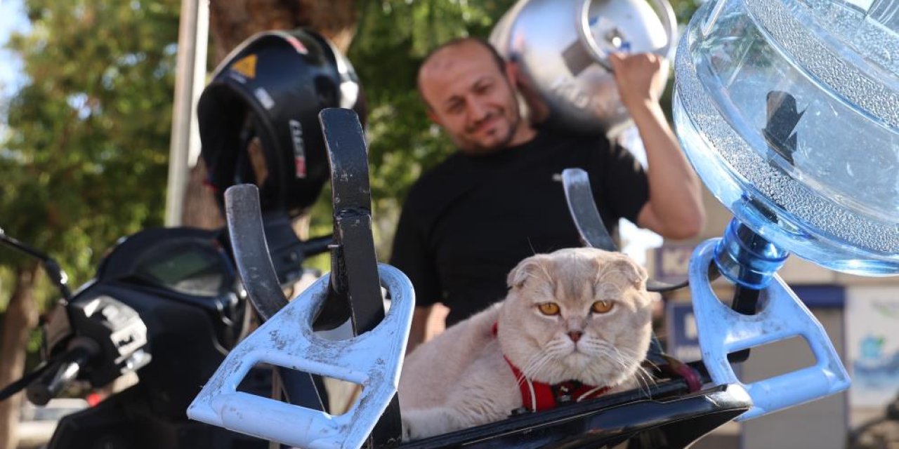 Konya’nın kedili tüpçüsü! Mesaiyi motosiklette tamamlıyor