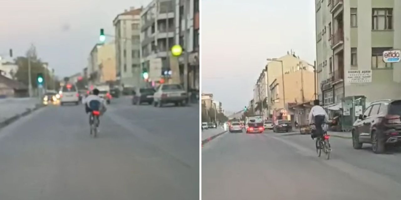 Konya’da bisikletli genç trafikte canını hiçe saydı