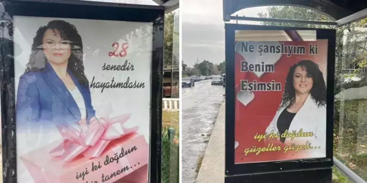 Eşinin doğum gününü otobüs duraklarına ilan verip kutladı