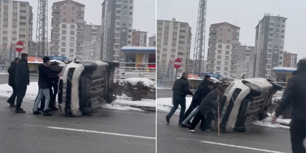 Devrilen otomobili içindekilerle birlikte düzelttiler