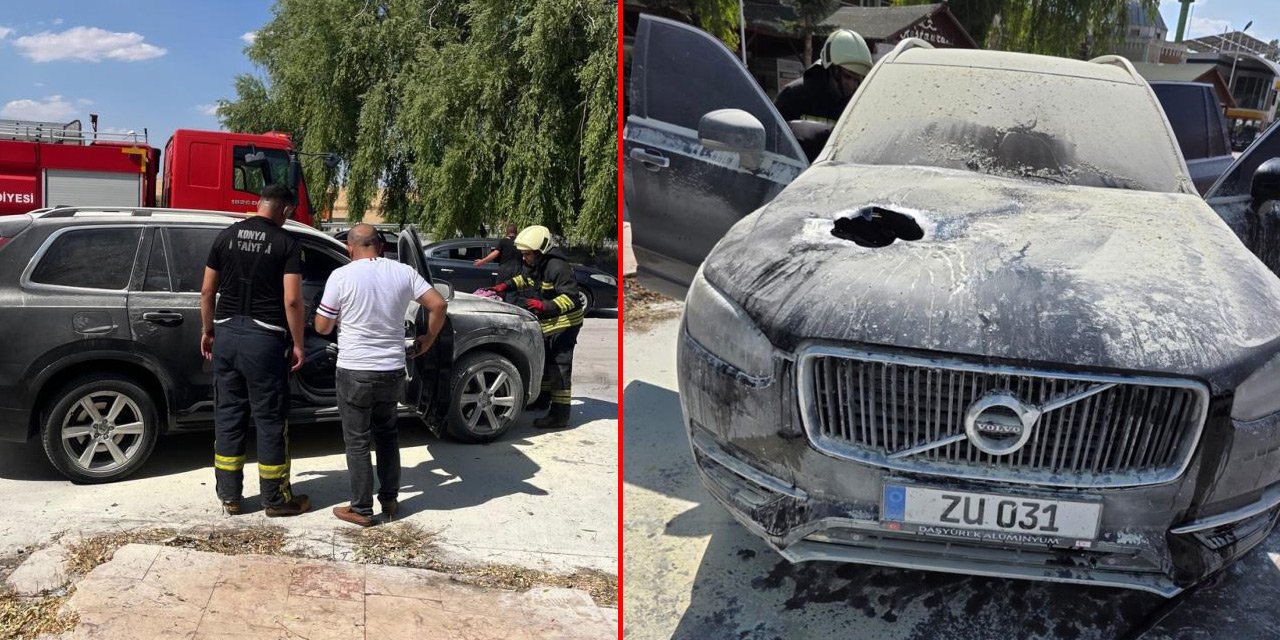 Konya’da gurbetçinin Volvo cipi alev aldı: Kaputu delip geçti