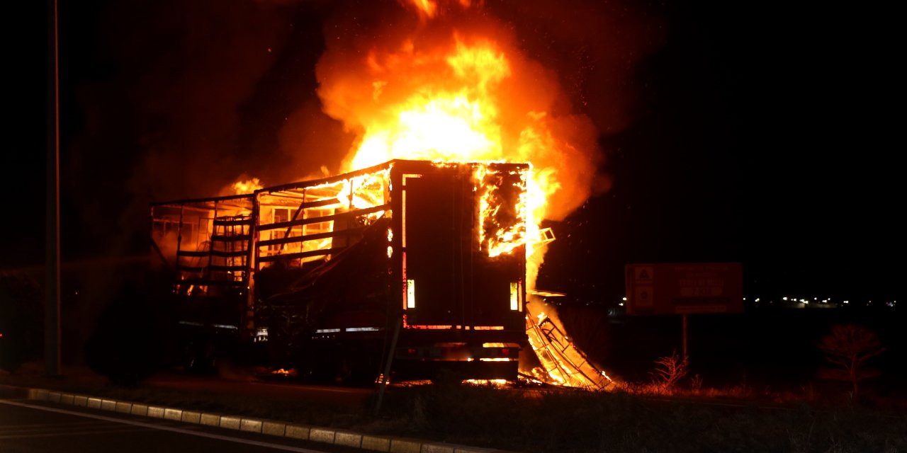 Kumaş yüklü TIR'ın dorsesi alev alev yandı