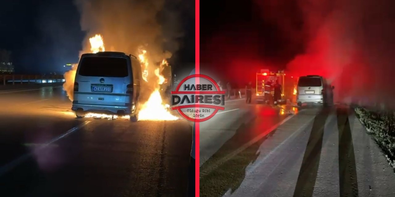 Konya’da minibüs arızalandı, çekiciyle birlikte yandı