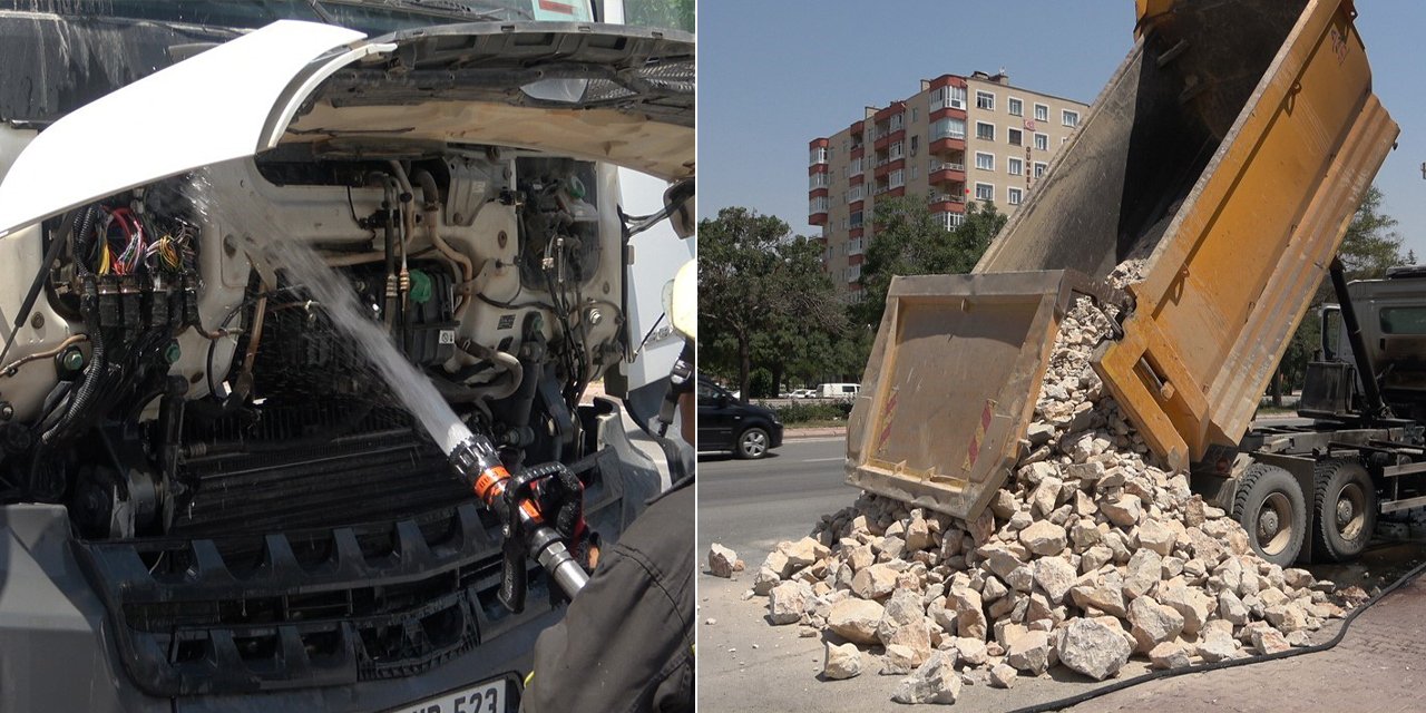 Konya’da damperli kamyon alev aldı, taşlar yola döküldü