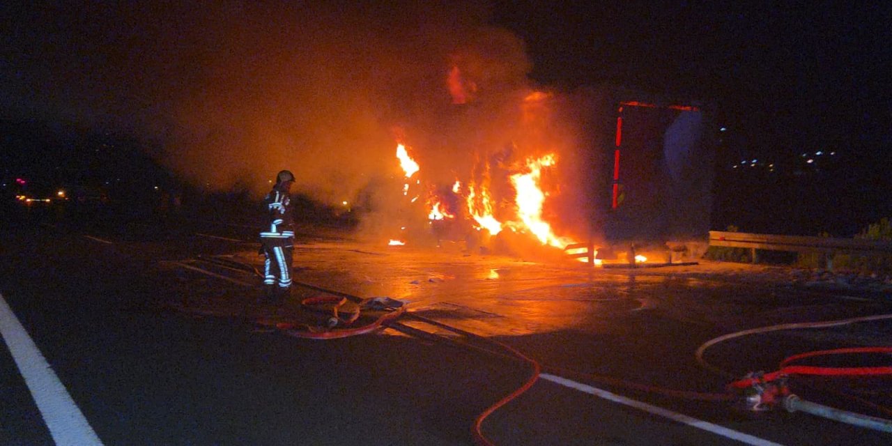 Kargo kamyonu otoyolda alev aldı