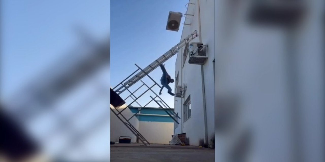 Klima montajı yürekleri ağıza getirdi! Usta iskeleyle birlikte düştü