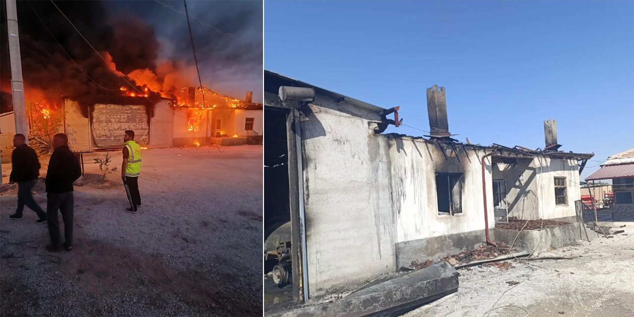 Konya'da yangın paniği! 2 traktör, ev ve gübreler kül oldu
