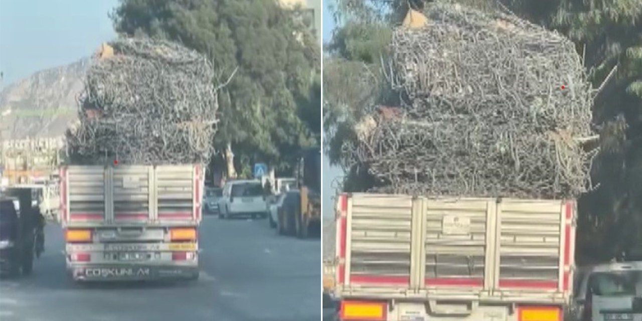 Demir yüklü TIR trafikte yürekleri ağza getirdi