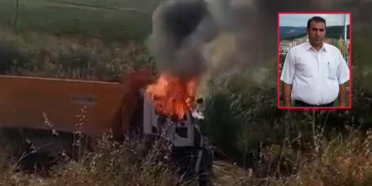 Devrilen kamyondan yükselen alevler sürücüsünü yuttu