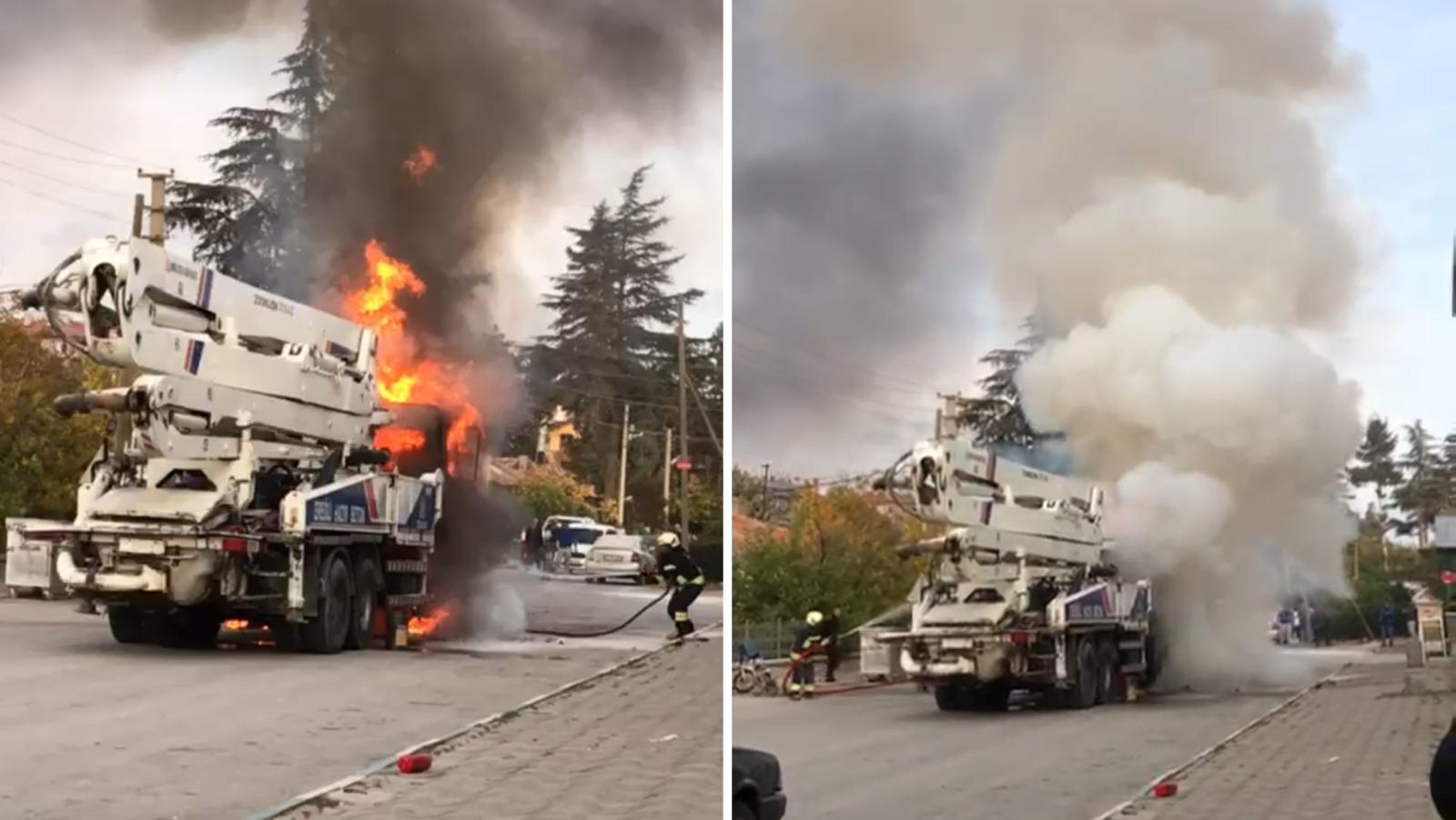 Konya’da beton pompası alev alev yandı