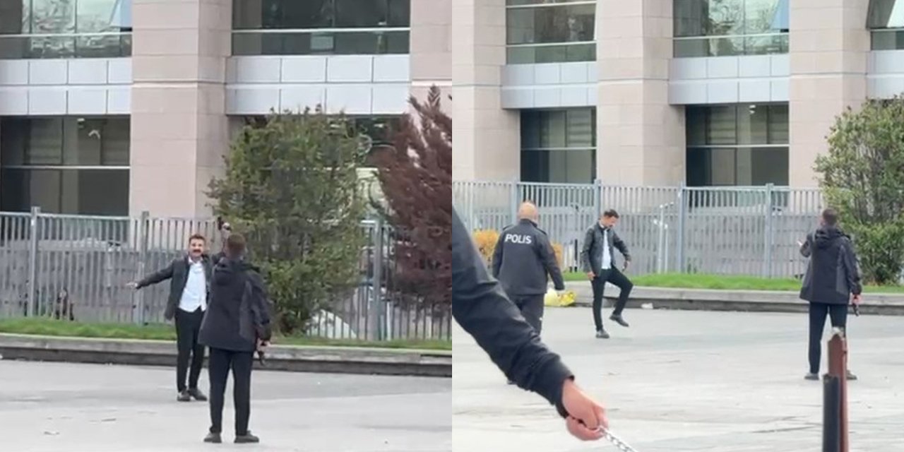 Adliye önünde hareketli anlar! Önce havaya sonra bacağına sıktı