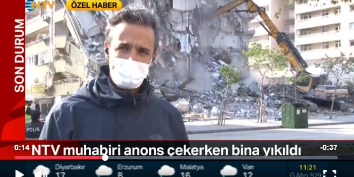 Muhabir anons çekerken hasarlı bina böyle yerle bir oldu