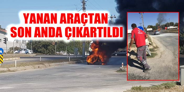 Konya'da alev topuna dönen otomobilin sürücüsünü benzin istasyonu çalışanı son anda kurtardı