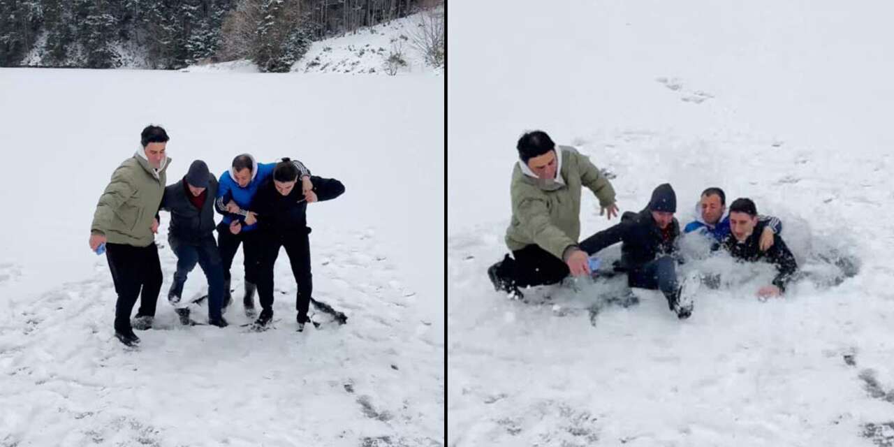 Tehlikeli eğlence! Donmuş derede zıplayan 4 arkadaş suyu boyladı