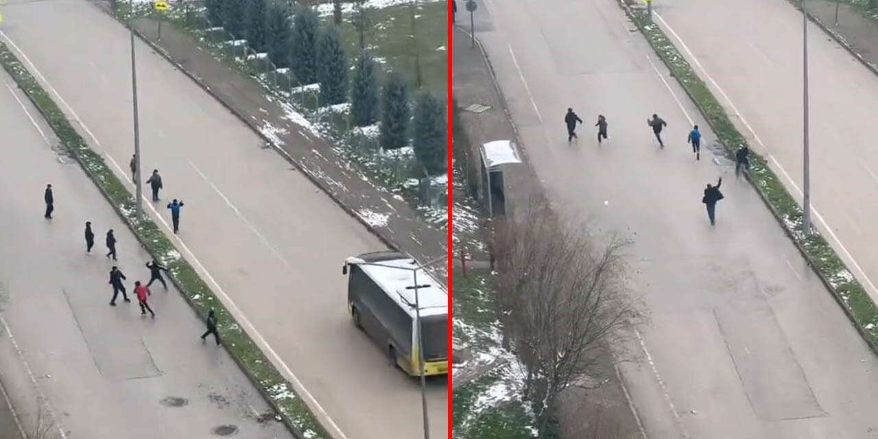 Otobüse kartopu atılmasına sinirlenen şoför çocukları sopayla kovaladı