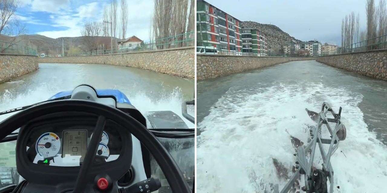 Konya’da ilginç görüntü! Kayık değil traktörle ilerledi