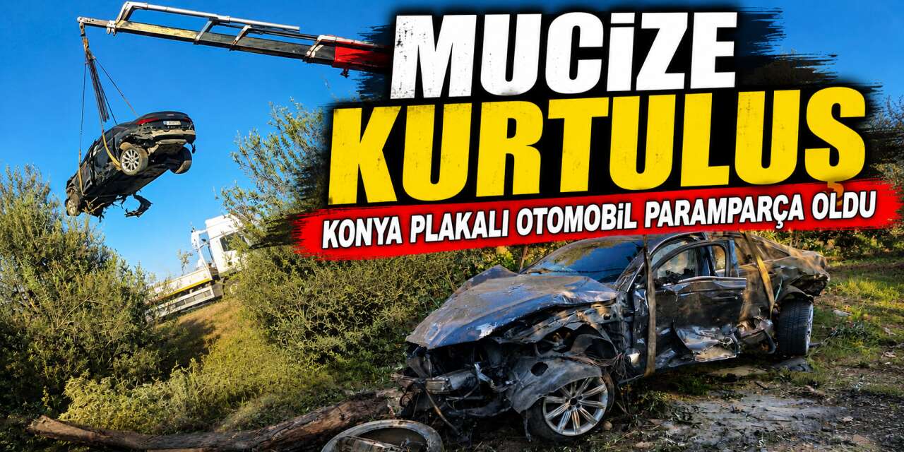 Konya plakalı otomobil bahçeye uçtu! Sürücü araçtan sağ çıktı