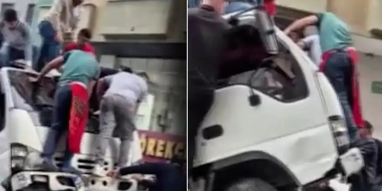 Pazarcı kamyoneti şaha kalktı, vatandaş üstünde zıpladı