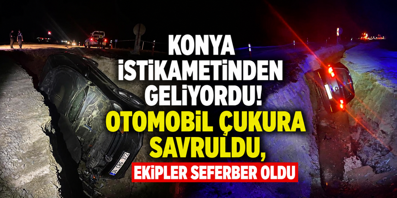 Konya yolunda otomobil çukura devrildi