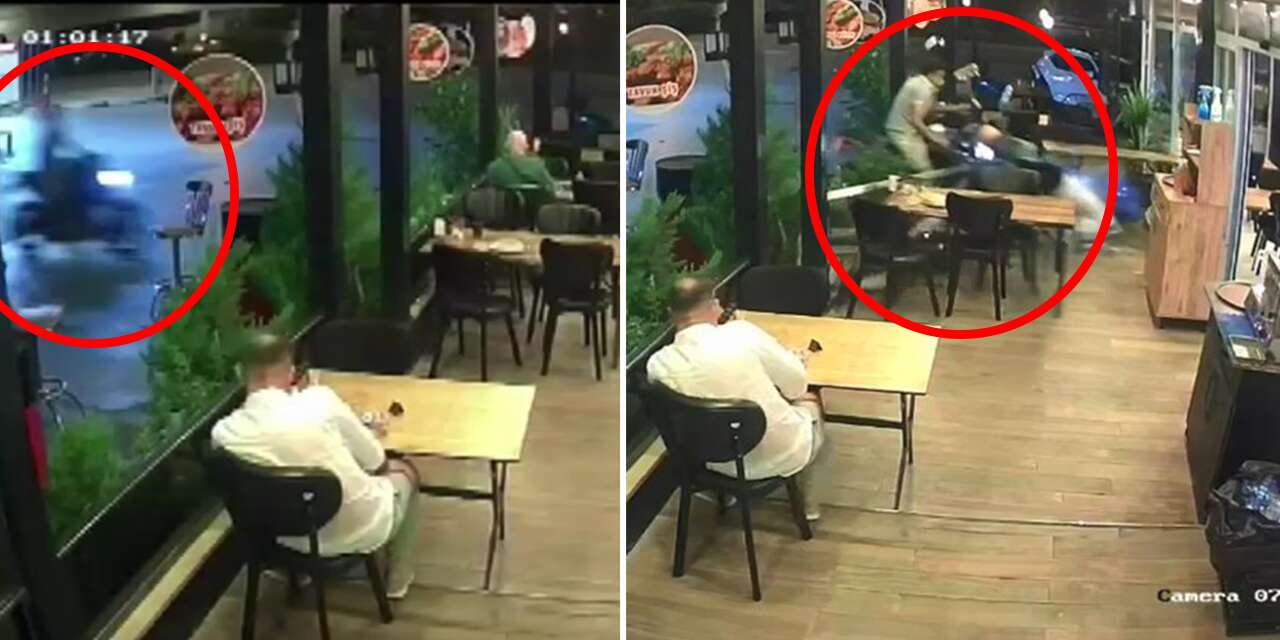 Kontrolden çıkan motosiklet lokantaya daldı! Müşteriye çarptığı an kamerada
