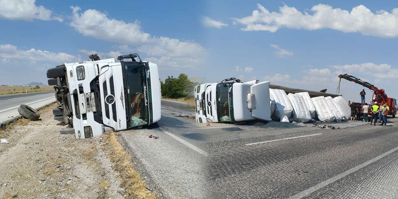 Konya’da kontrolden çıkan TIR refüje devrildi! Sürücü ucuz atlattı