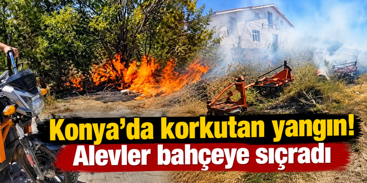 Konya’da ot yangını bahçeye sıçradı! Alevler ağaçlara ulaştı