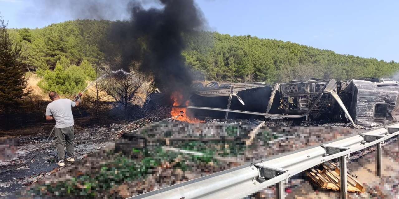 Alkollü içki yüklü TIR alev topuna döndü! Kara yolu çift yönlü kapatıldı