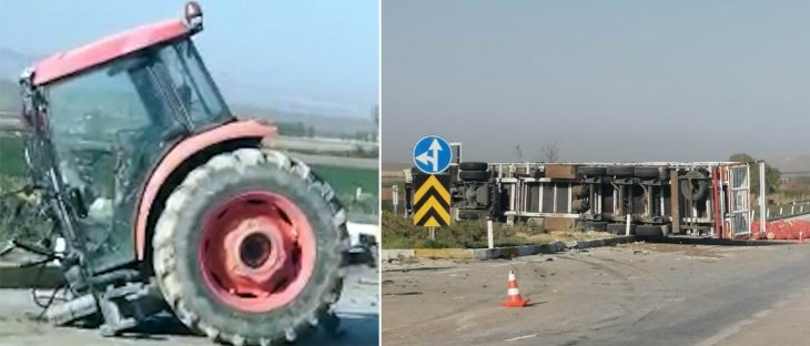 Konya'da tırla çarpışan traktör ikiye bölündü