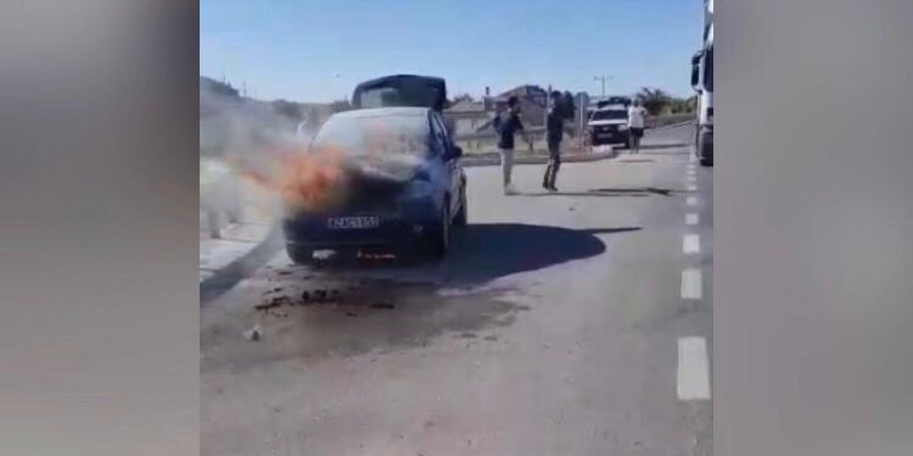Konya’da aracı alev alan sürücünün çabası yangını söndürmeye yetmedi