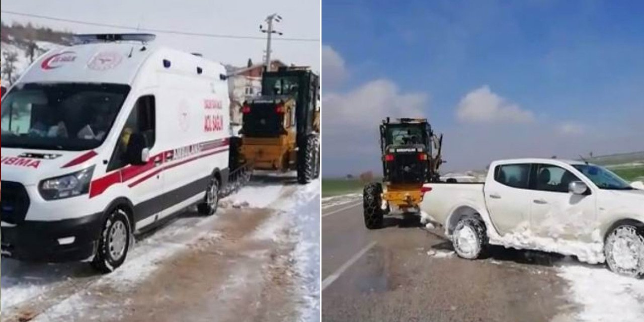 Konya'da kara saplanan ambulans ve araçları Büyükşehir ekipleri kurtardı