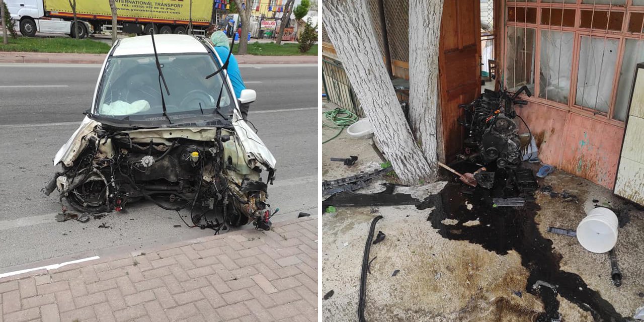 Konya’da kaza yapan bir aracın fırlayan motoru az kalsın bir eve giriyordu