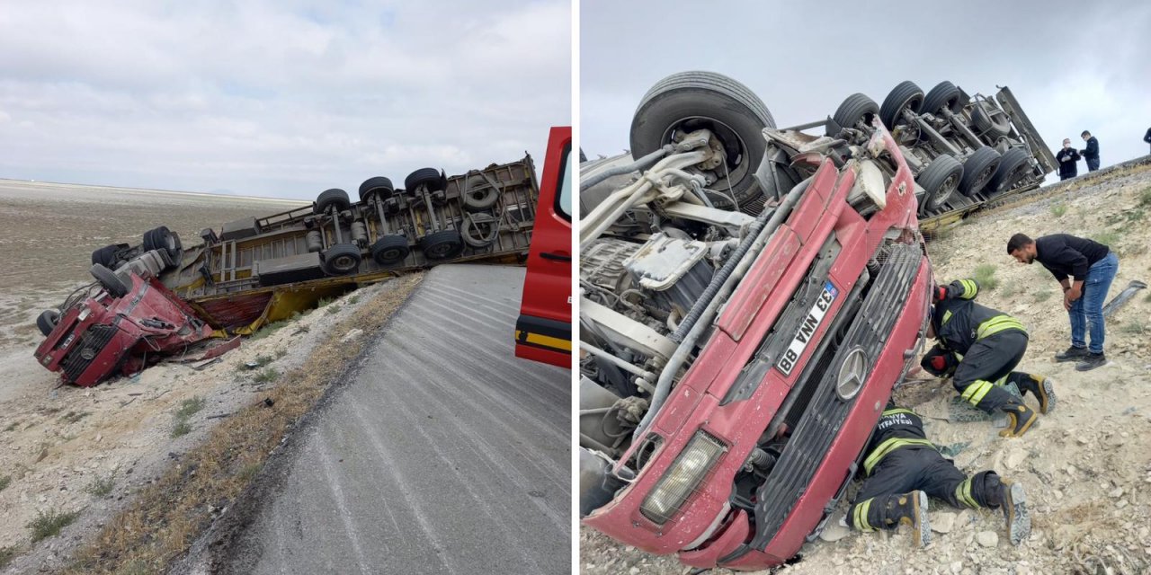 Konya'da TIR devrildi, sıkışan yaralı sürücüyü itfaiye kurtardı