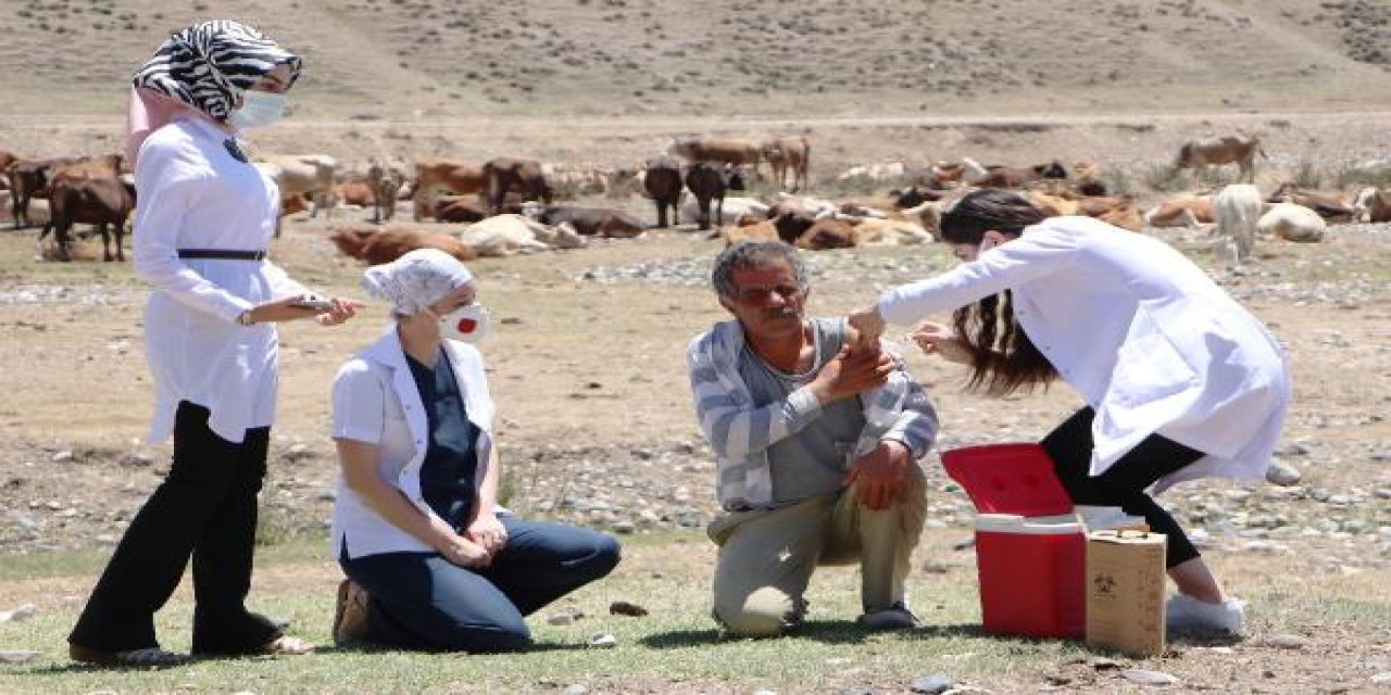 Dağda hayvan otlatırken karşılarında aşı ekibini gören çobanlar şaşkına döndü